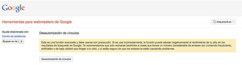 Advertencia de la Disallow Links Tool de Google Herramienta para desautorizar links de google: advertencia