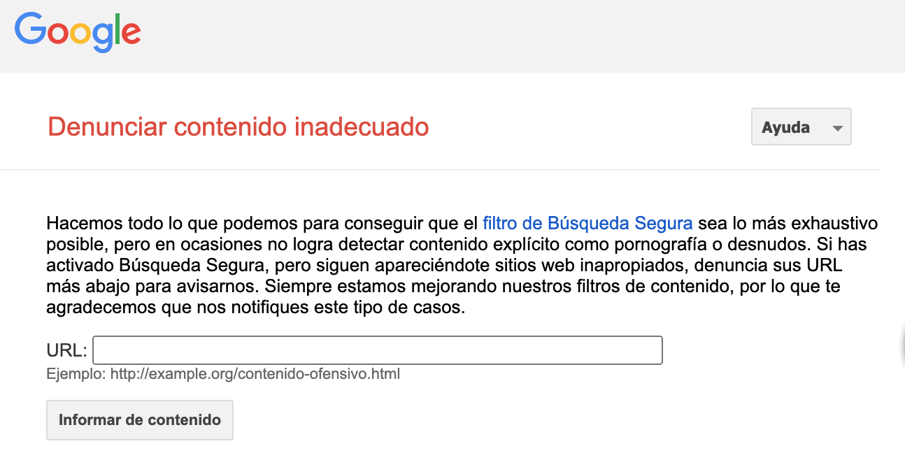 Formulario para denunciar contenido inadecuado en Google