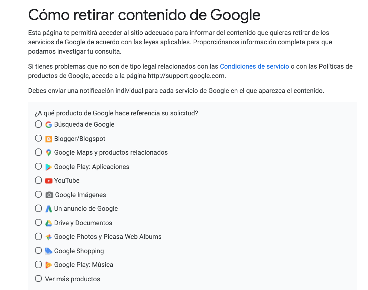 Retirar contenido de Google