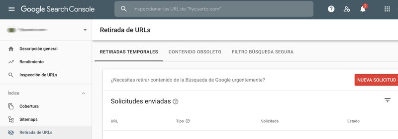Retirar una URL del índice de Google desde Search Console