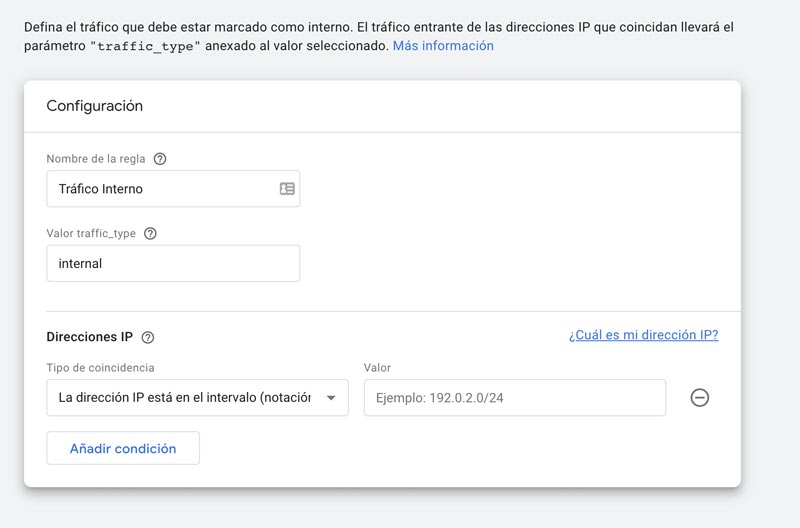 En el cuadro diálogo de Google Analytics 4 introducimos nuestra IP para filtrar el tráfico interno