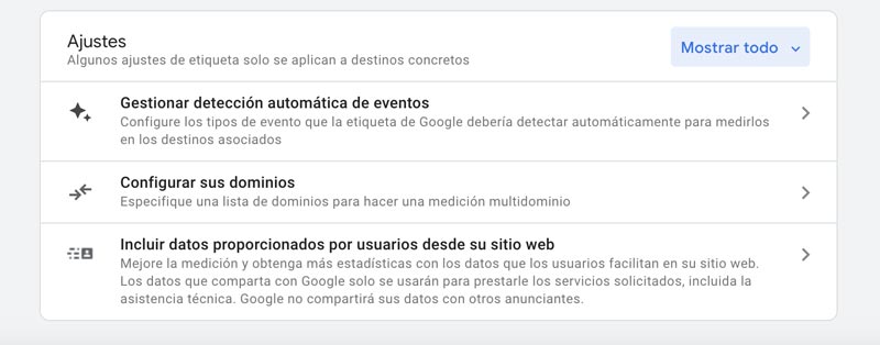 Pulsar "Mostrar todo" para ver todos los ajustes de las etiquetas en GA4