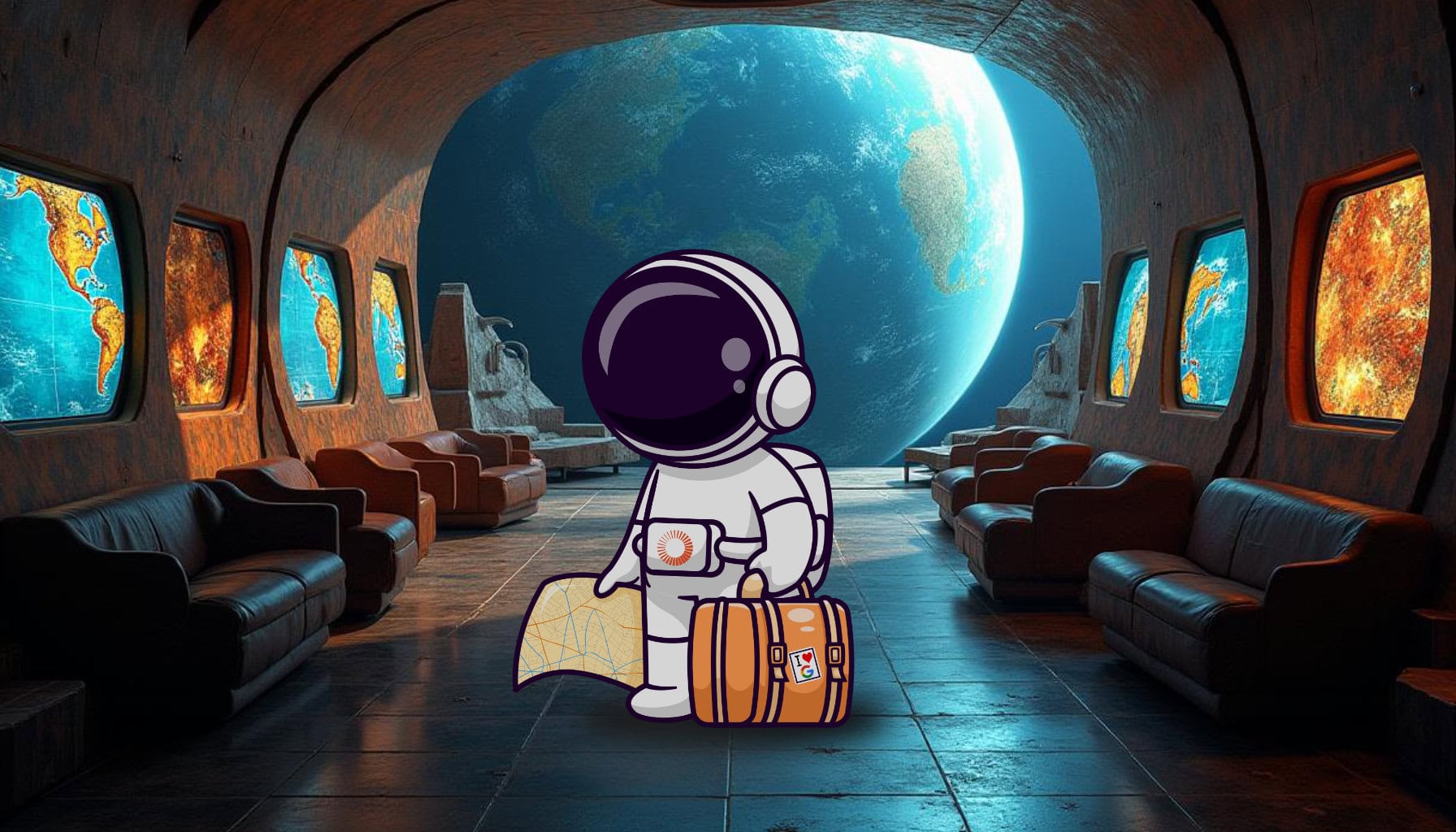 Astronauta con un mapa en la mano que representa un sitemap, junto a una maleta con la pegatina 'I Love Google', dentro de una nave espacial con pantallas que muestran mapas del mundo. Imagen temática del blog de SEOOK para ilustrar la importancia de los sitemaps en SEO