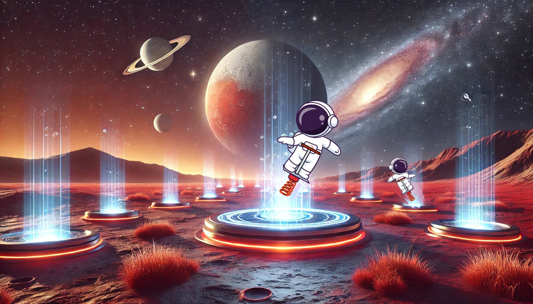 Astronauta saltando en un pogo stick sobre un trampolín futurista en un paisaje espacial, representando el concepto de Pogo Sticking en SEO.