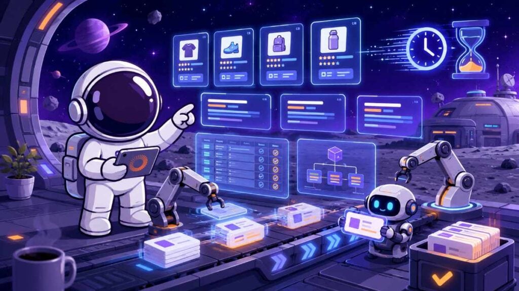 Astronauta supervisando robots que automatizan tareas repetitivas de SEO como generar meta descriptions, variaciones de títulos y organizar datos.