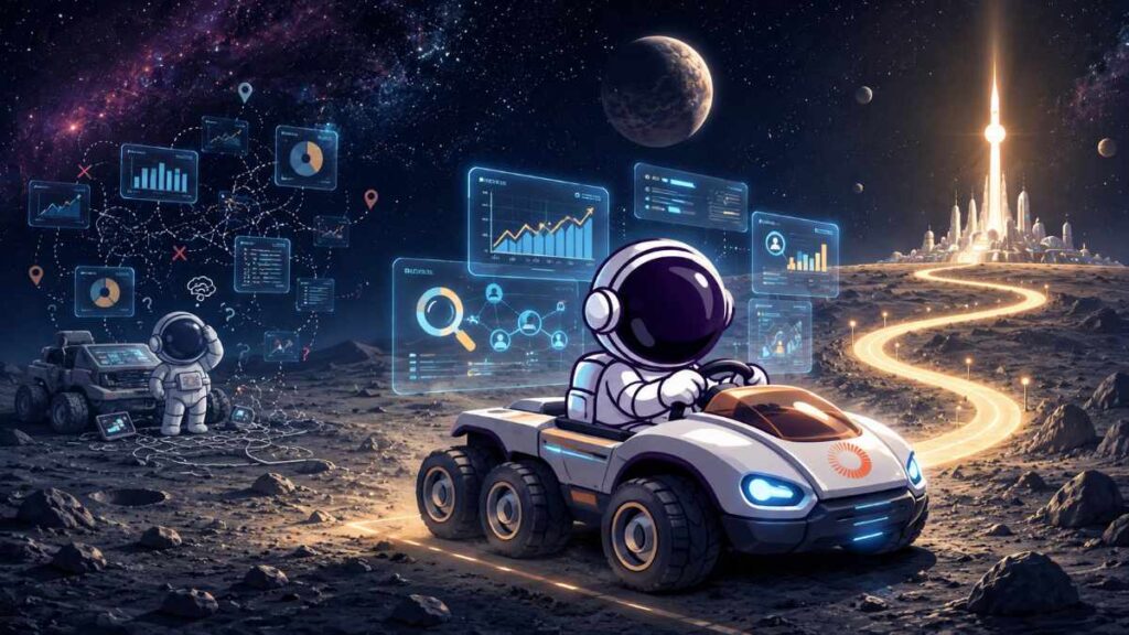 Astronauta conduciendo un rover por una ruta iluminada mientras otro astronauta aparece perdido entre paneles de datos SEO.
