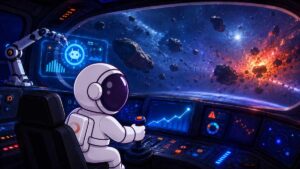 Astronauta pilotando una nave espacial en piloto automático, con pantallas de métricas SEO y un campo de asteroides al fondo