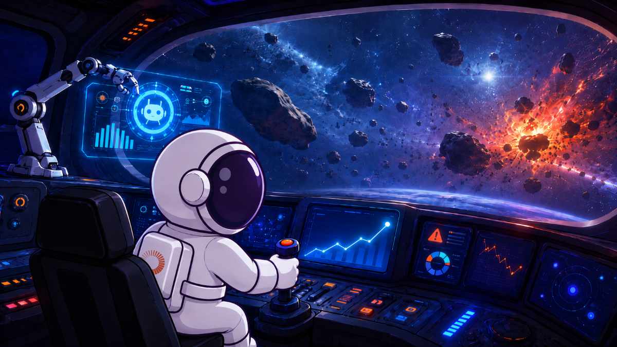Astronauta pilotando una nave espacial en piloto automático, con pantallas de métricas SEO y un campo de asteroides al fondo